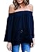 SmallDragon Women's Sexy Lace Crochet Off Shoulder Long Sleeve Casual Blouse Tops (Medium, Navy)