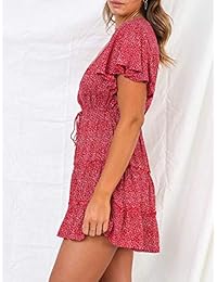 YIBOCK Vestido de verano para dama, cuello en V, volantes, volantes, para playa, mini vestido