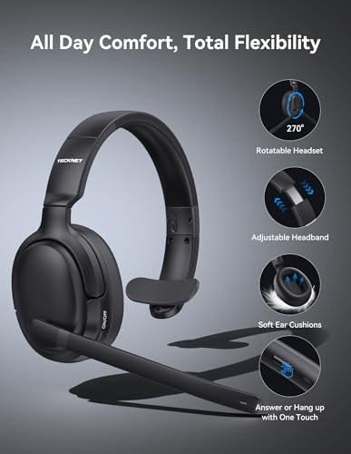TECKNET 5.4 Bluetooth Headphones Over Ear, Stereo/Mono 2-in-1 Wireless Headphones, 65H Playtime & Mute, Wireless Headset with ENC Noise Cancelling Microphone for Home Trucker Office Call Center, Black