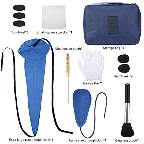 13-in-1 Saxophone Cleaning Kit with Bag for Flute Instruments Includes Cleaning Cloth, Mouthpiece Brush, Cork Grease, Thumb Rest Cushion, Clarinet Screwdriver (Blue)