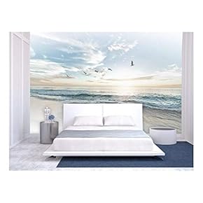 Large Wall Mural - Seacape with Waves on The Beach and Flying Seagulls | Self-Adhesive Vinyl Wallpaper/Removable Modern Wall Decor - 66x96 inches