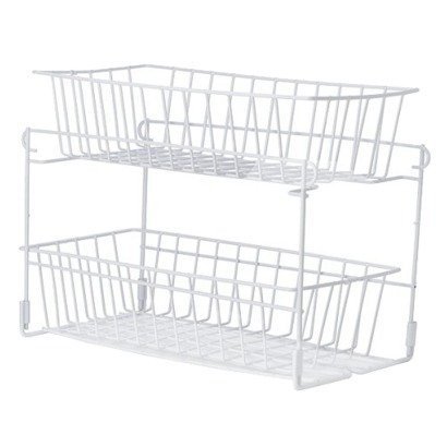 Two Level Sliding Shelf Basket Rack, White
