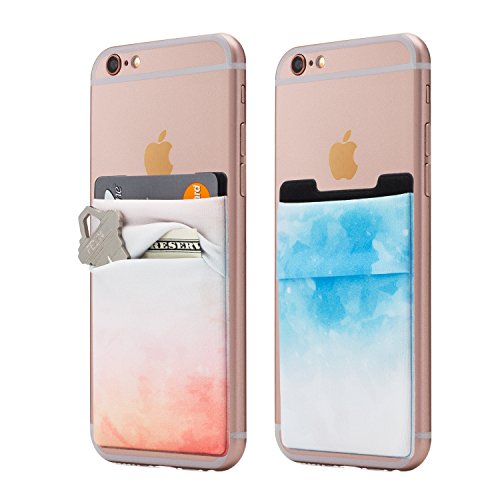 (Two) Stretchy Cell Phone Stick On Wallet Card Holder Phone Pocket For iPhone, Android and all smartphones. (Orange&Blue)