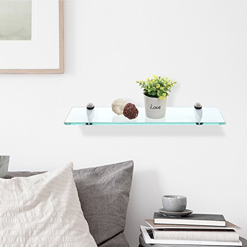 Modern Wall Mounted Clear Glass Floating Shelf with Metal Base
