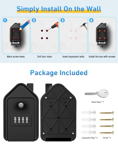 JUYANO Key Box, Large Secured Outdoor Key Box with 4 Code & Emergency Keys Aluminium Alloy Wall Key Box for School Garage Airbnb (Black)