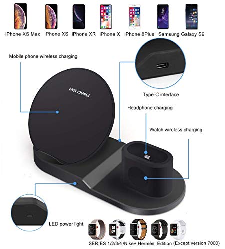 MQOUNY Wireless Charger, Upgrade 3 in 1 Wireless Charging Stand for Apple Watch,Charging Station for Airpods,Fast Wireless Charger Dock for All QI Phone with Charger Adapter (Black)