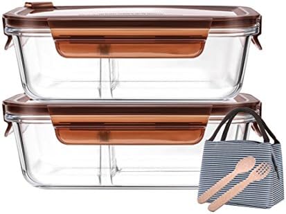 Levoberg 2 Pack Glass Meal Prep Containers 2/3 Compartment with Insulated Lunch Bag Bento Box Containers Glass Food Storage Containers with Lids Lunch Containers 7x5.3x2.3inch(850ML) Brown
