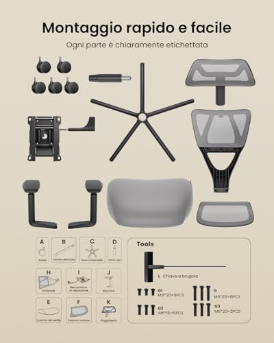 ProtoArc EC100 Ergonomic Office Chair - Desk Chair with 10cm Spring Cushion, Lumbar Support, Adjustable Arms and Headrests, Mesh Swivel Chair for Home and Office, Grey