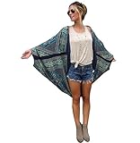 VESNIBA Women Boho Printed Chiffon Loose Shawl Kimono Cardigan Tops Cover up Blouse (XL, Blue)