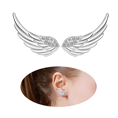 Hypoallergenic Women's Silver Ear Cuffs Angel Wings Stud Earrings Diamond Crystal Earrings Studs for Girls, with Screw Backs