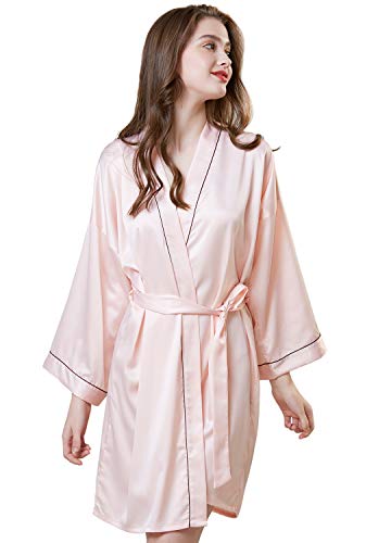 Women's Robe Satin Kimono Silk Luxury Short Silky Bathrobe for Bridesmaid Wedding Party Pink