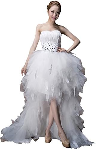 Jutao Strapless Ruffled Feather Beaded Waist Hi-Lo Bride Wedding Dress US10