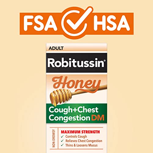 ROBITUSSIN MAXIMUM STRENGTH HONEY COUGH PLUS CHEST CONGESTION DM, COUGH MEDICINE FOR COUGH AND CHEST CONGESTION RELIEF MADE WITH REAL HONEY FOR FLAVOR – 8 FL OZ X 2