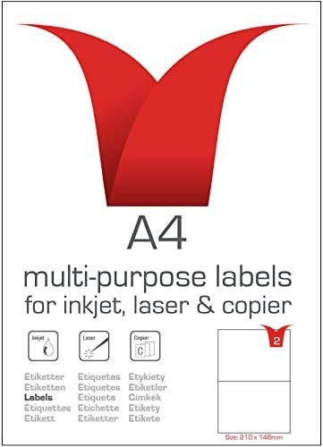 Multi-Purpose A4 White Self-Adhesive Labels - Butt Cut 210 x 148.5mm - 2 Labels per Sheet - 100 Sheets per box/200 Labels per Pack