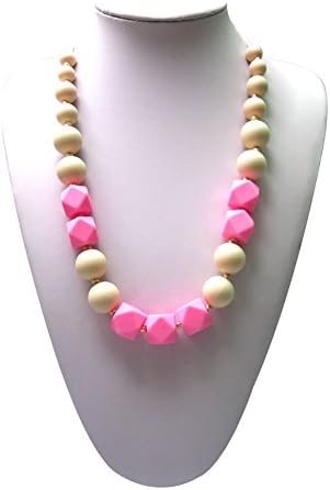 Best Pacifier Teething Jewelry For Baby Boys and Girls-Chewable BPA Free Silicone Baby Teething Rainbow Necklace for Mom and Baby-Pink