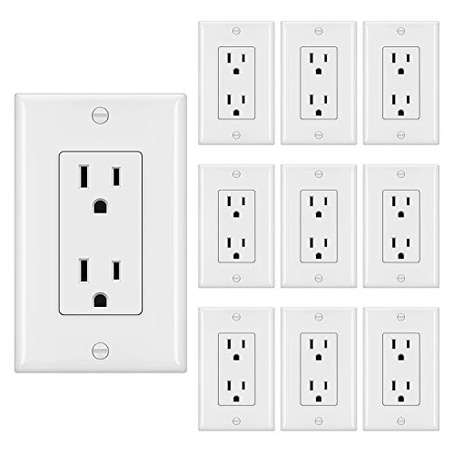 [10 Pack] BESTTEN 15A Decorator Receptacle Outlet with Wall Plate, 15A/125V/1875W, None-TR, UL Listed, White