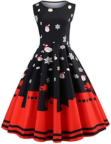 Sleeveless Christmas Dresses for Women,Sunyastor Fashion Sexy Lace Snowman Print High Waist Dress Christmas Vintage Dress