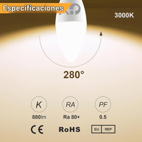 GY E14 LED Bulb Warm White 8W 3000K 880 Lumens, E14 LED C37 Candle Bulbs with Fine Thread, Not Dimmable – Class C Low Consumption, 12 Pieces