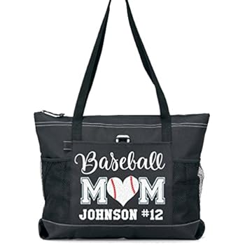 Baseball Mom Sports Tote with a Player's Name in Silver Glitter or Soft Solid White on a Black Tote (nh)