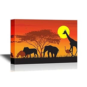 African Savanna Sunset Canvas Wall Art - Wild Animals and Acacia Tree on African Savannah at Sunset - Gallery Wrap Modern Home Art | Ready to Hang - 12x18 inches