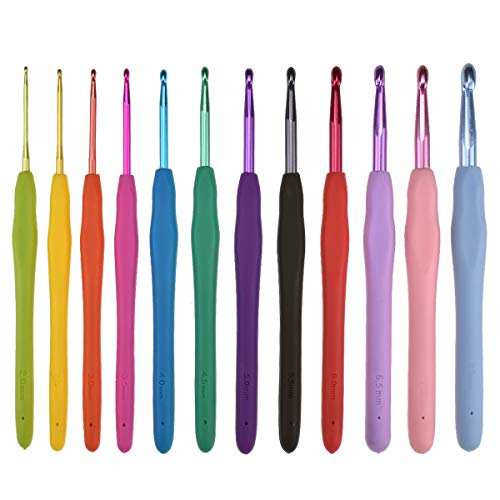 KOKNIT 12pcs Rainbow Color Ergonomic Soft Handles Grip Aluminum Crochet Hooks Set Smooth Knitting Needle 2.0mm-8.0mm for Arthritic Hands Any Size Yarn Pattern