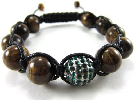 12mm Authentic Tiger Eye Bead and Green Crystal Ball Bracelet + Gift Box