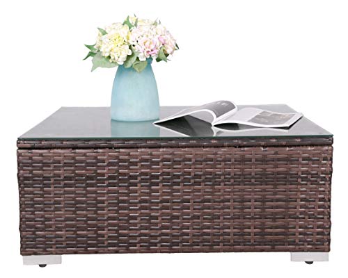 Do4U 7 Pieces Outdoor Patio PE Rattan Wicker Sofa Sectional Furniture Set Conversation Set- Turquoise Seat Cushions & Glass Coffee Table| Patio, Backyard, Pool| Steel Frame (Beige)
