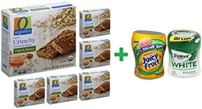 O Organics Organic Granola Bars Crunchy Oats &amp; Honey - 6-1.5 Oz (6 PACK)+ Fruity Chews Gum Watermelon 1/60 Count + Trident Go Cup Spearmint 1/60 Count (BUNDLE)