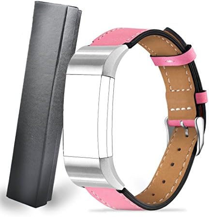 For Fitbit Charge 2 Bands Leather Band Interchangeable With Stainless Frame for Men/Women - Adjustable (Pink)