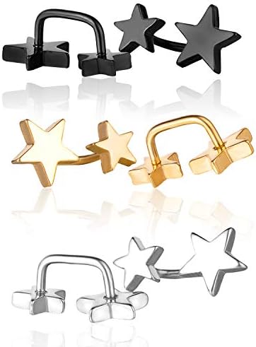 Yumilok Jewelry 6 Pcs Mens Womens Stainless Steel Double Stars Stud Earrings Set Screw Back, 3 Pairs(Black, Silver, Gold)