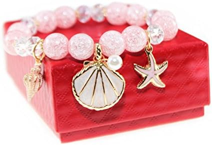 Ice Crack Korean Style Crystal Charm Bracelet with Shell Sea Snail Sea Star Pendant (Pink)