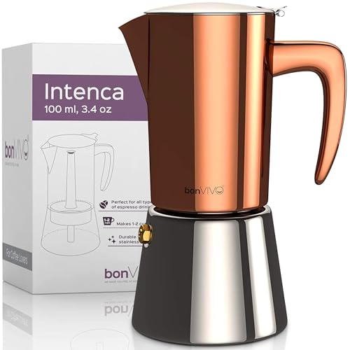 Bonvivo Cafetière Italienne Intenca Pour Café Expresso Corsé En Inox Finition Chromée Cuivrée Avec Carafe Moka Classique Pour 2 Tasses (100Ml)
