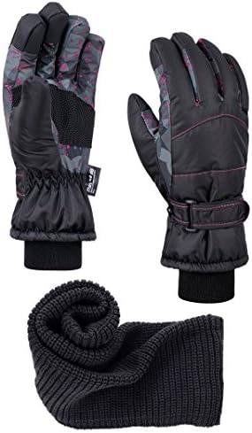 FURST Women's Touchscreen Winter Gloves + Infinity Scarf Set, Thinsulate, Waterproof, Galaxy Black Pink, M