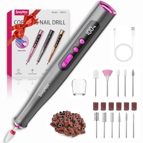 SnnyNyx Cordless Electric Nail Drill 35000 RPM, Professional Portable Nail File for Acrylic Nails & Gel Polish Removal, Low Vibration & Heat E-file with 11 Drill Bits, Salon-Quality Manicure Pedicure Kit (Matte Gray)