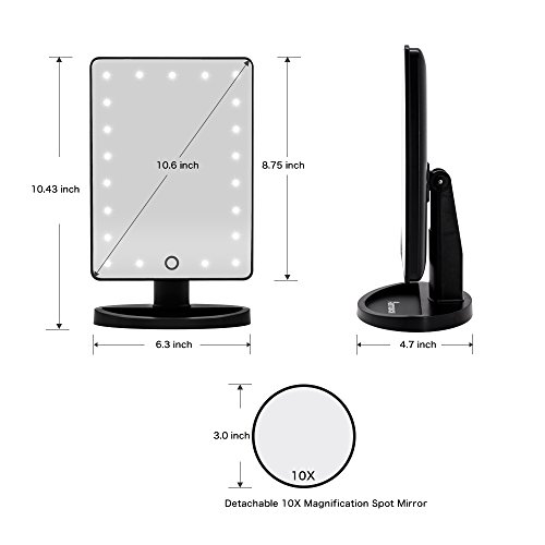 Vanity Lighted Makeup Mirror with 21 Led Lights Dual Power Supply, Cosmetic Desk Table Makeup Mirror with Detachable 10X Magnification, Touch Screen Light Adjustable Dimmable 180° Rotation(Black)