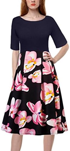 Long Skirt Dresses, Elogoog Women's Vintage Floral Printed Patchwork Half Sleeve Casual Elegant A-Line Evening Party Dress