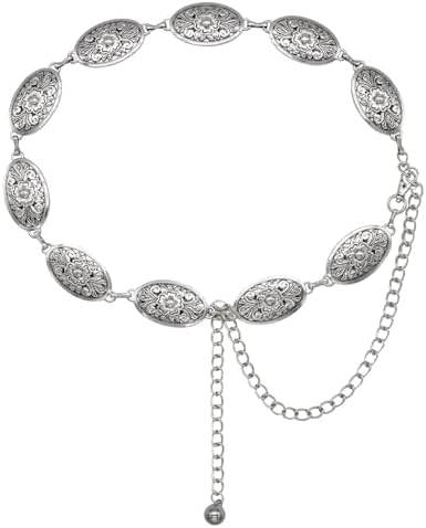 Women Turquoise Concho Chain Belt Western Cowgirl Waist Chain Oval Metal Link Amazon.com: GLOBLELAND Golden Women Turquoise Concho Chain  main image 2