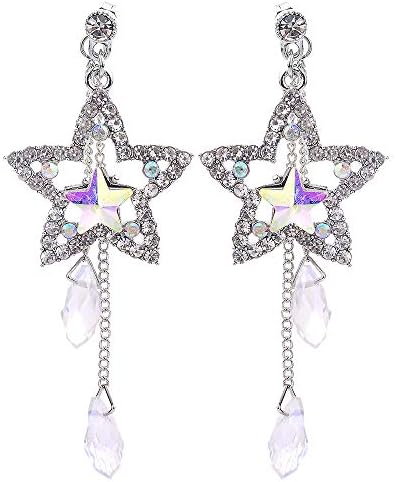Womens Ladies Earrings, Weant Silver Earings for Women Fashion Luxury Rhinestone Dainty Star Tassel Dangle Hook Ear Rings Clip On Earrings Jewelry for Valentine Costume Gifts