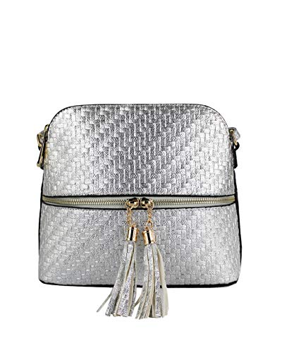 Foxlady Women's Mini Tassel Zip Trendy Braided Print Faux Leather Sling Crossbody Handbag (silver)