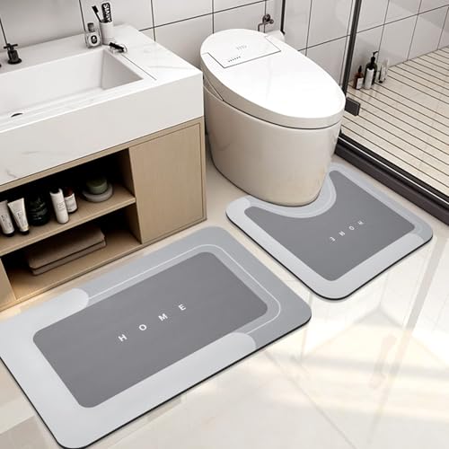 LBOYLOVE Bathroom Mat Set 2 PCS, 50 * 80cm+40 * 60cm+50 * 60cm Toilet Mat Absorbent Quick Drying Mat Silicone Anti Slip Bath Mat Rug Set Floor Door Rubber Kitchen Shower Sink, Light Gray (3 PCS)