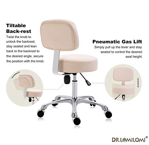 DR.LOMILOMI Extra-Wide Seat Rolling Swivel Clinic Medical Salon Stool Chair with Memory Foam 502 (with Backrest, Black)