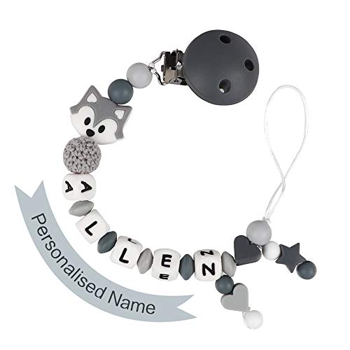 Pacifier Clip Personalized Name, MCGMITT Customized Fox Binky Holder Teething Silicone Beads for Baby Girls Boys (Grey)