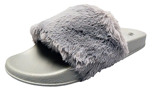 Sandals Slippers Fashion Women Flip Flop Fur Slide Slip On Flats Shoes (Medium (7/8), Grey)