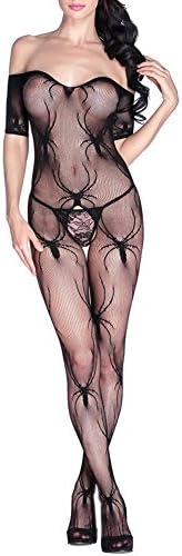 Myhope Women Lingerie Strapless Fishnet Bodystocking Long Sleeves Spider Pattern Pantyhose Open Crotch