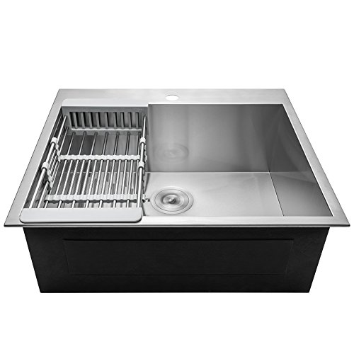 Firebird 25" x 22" x 9" 18 Gauge Handmade Stainless Steel Topmount Drop-In Single Bowl Kitchen Sink w/ Faucet Hole Drain Strainer & Adjustable Tray