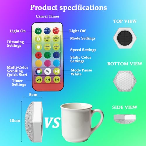 Dekofun Pack of 2 Pool Lighting, Underwater Solar, IP68 Waterproof LED Pool Light with Remote Control, RGB, Timer, 3 Modes, Floating Pool Lighting Lights for Whirlpool, Bath, Spa, Garden, Balcony