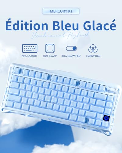 GravaStar Mercury K1 75% Clavier Gaming Blue, Clavier Mécanique en Alliage d’Aluminium, Gasket Mount Hot-Swap, Switchs Linéaires, Rétroéclairage RGB, Sans Fil pour Jeu, Bureau et Cadeaux