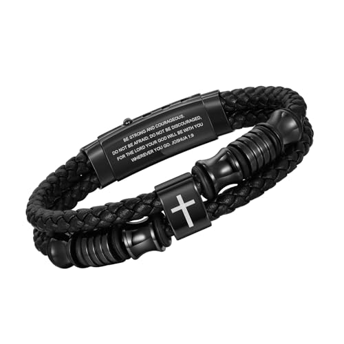 TempBeau Christian Black Leather Bracelet for Men - Double-Row Braided Leather Faith Cross Bracelets for Men Jewelry Gift Religious Baptism Easter Gifts for Young Men Teenage,Adjustable Wristband