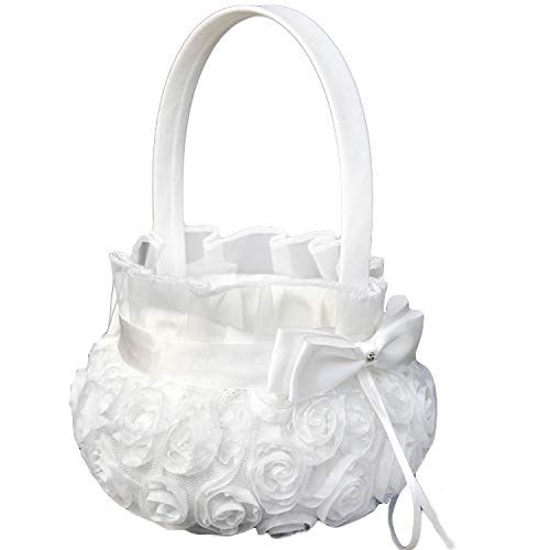 Eurobuy Wedding Flower Basket, Romantic Wedding Flower Girl Basket Ceremony Party Decor Candy Small Gift Confetti Card Container for Wedding Ceremony Party Favor, White