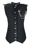 Charmian Men's Spiral Steel Boned Victorian Steampunk Gothic Retro Stripe Waistcoat Vest With Chain Black XXX-Large